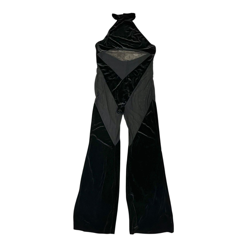 Black Velvet Halter Bodycon Jumpsuit Sheer Mesh Open Back Wide Leg Flared
